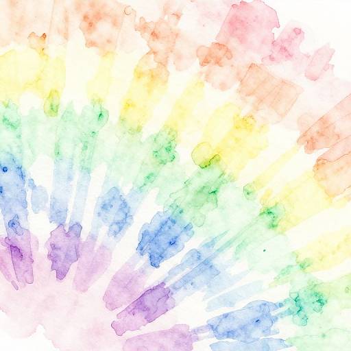 Watercolor abstract with vibrant rainbow gradient blending of yellow, green, blue, purple, and pink hues on a white background.