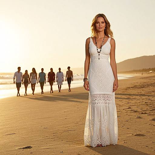 Photograph of a blonde woman in a white, lace, sleeveless maxi dress standing on a sunlit beach, with silhouetted people walking