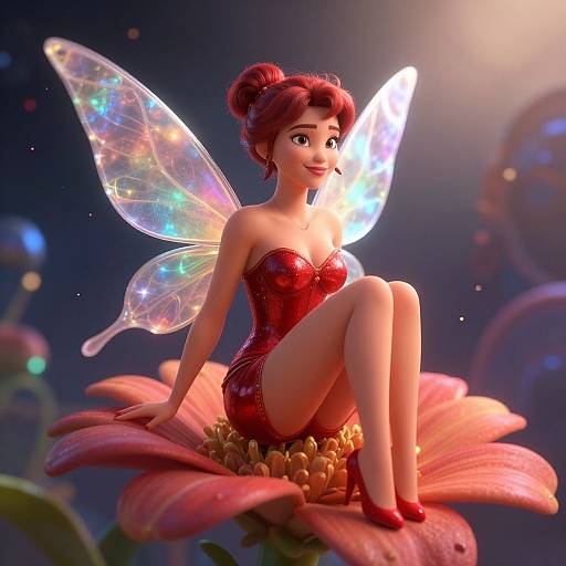 CGI fairy with red hair, sparkling wings, and red corset, sitting on a pink flower, glowing ethereal light background.