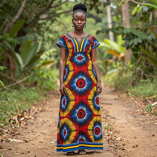 African Woman in Colorful Maxi Dress on Forest Path