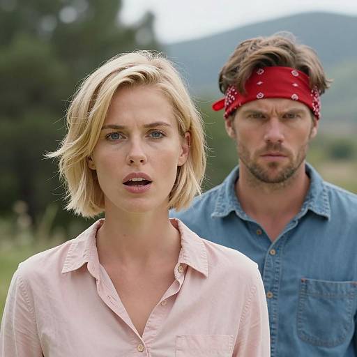 Photograph of a blonde woman in a pink shirt and a bearded man with a red bandana, blue shirt, standing outdoors.