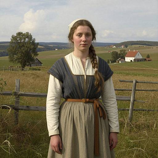 Photograph of a young Caucasian woman with braided brown hair, wearing a white blouse and blue-gray dress, standing in a grassy, rural field