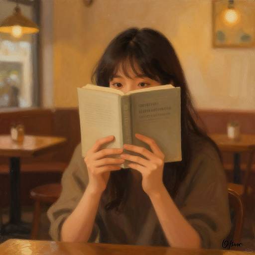 Photograph of an Asian woman with long black hair, wearing a brown sweater, intently reading a book in a warmly lit, rustic café.