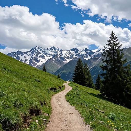 Photograph of a winding dirt path through lush green hills, leading to snow-capped mountain peaks under a bright blue sky with fluffy white clouds. Tall