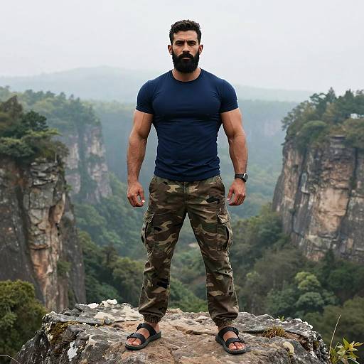 Photograph of a muscular bearded man with dark hair, wearing a navy t-shirt, camouflage pants, and sandals, standing on a rocky cliff with