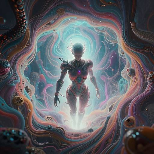 Digital artwork of a futuristic, glowing, humanoid figure with intricate armor, emerging through swirling, colorful, cosmic ribbons filled with floating orbs.