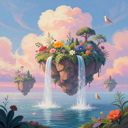 Digital fantasy artwork of floating islands with cascading waterfalls, vibrant flowers, lush greenery, and birds in a serene blue sky.