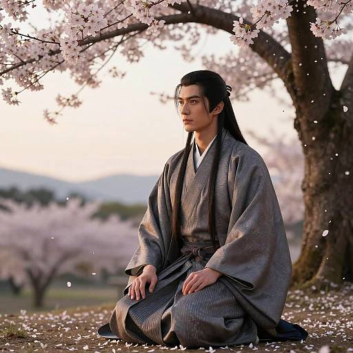 Photograph of a serious, long-haired Asian man in a gray kimono kneeling under cherry blossoms, petals falling around him.