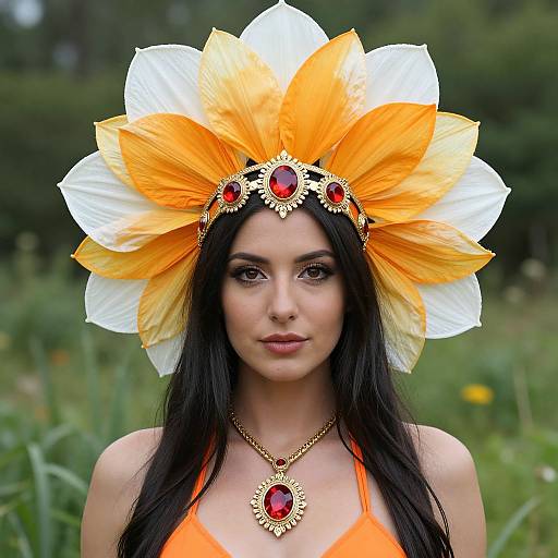 Photograph of a woman with long black hair, wearing an orange and white flowered headdress, red gemstone necklace, and orange top, set