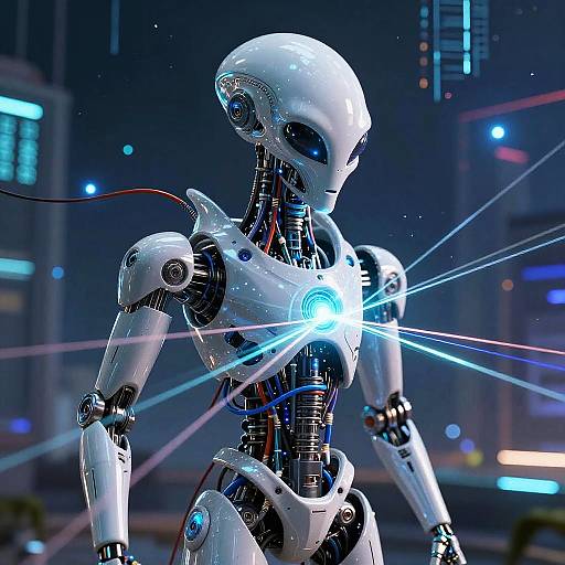 CGI image of a white, humanoid robot with blue glowing eyes and chest, set against a futuristic, neon-lit cityscape.