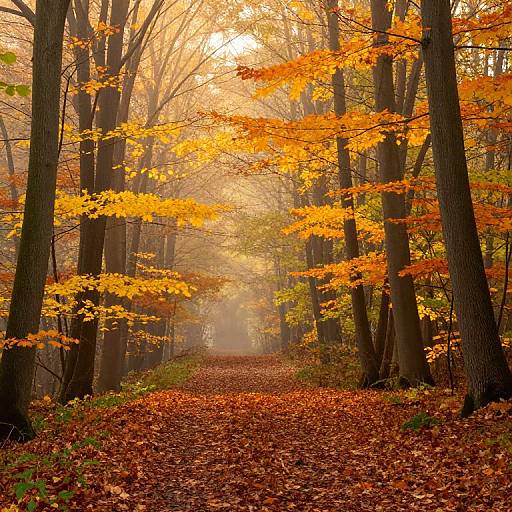 Photograph of a serene, sunlit forest path covered in vibrant orange and yellow autumn leaves, flanked by tall, dark tree trunks.