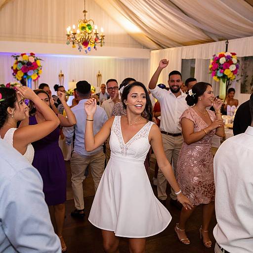 Photograph of a joyful wedding reception with guests dancing, featuring a smiling bride in a white lace dress, colorful floral centerpieces, and elegant chandel
