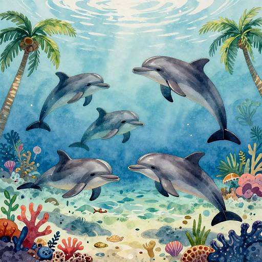 Watercolor illustration of six dolphins swimming underwater amidst colorful coral reefs, palm trees, and sunlight filtering through the water.