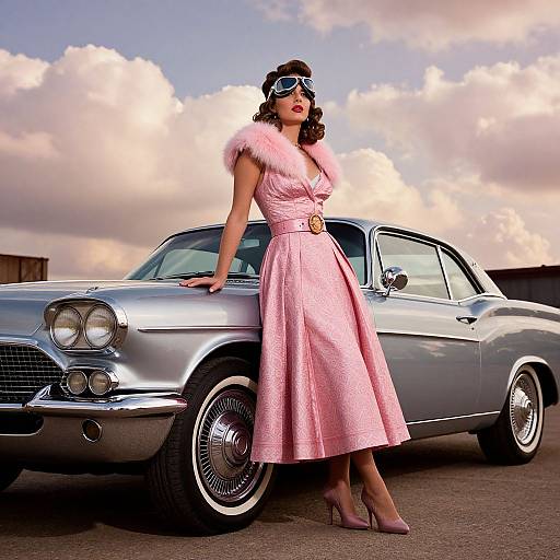 Vintage photograph of a curvy woman in a pink fur-sleeved dress, high heels, and aviator goggles leaning on a silver classic car against