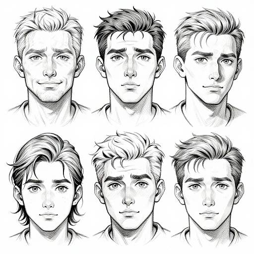 Six black-and-white digital pencil sketches of handsome men with varied hairstyles, all featuring clean lines and expressive eyes.