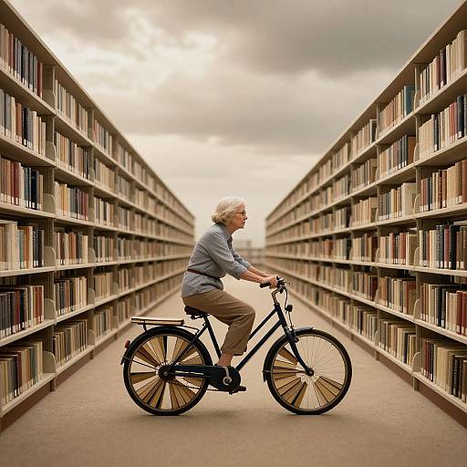 Elderly woman with white hair riding a black bicycle down a long aisle of bookshelves in a library, under a cloudy sky. Photoreal