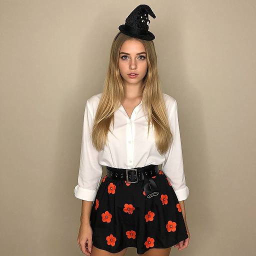 Photograph of a blonde woman with long hair, wearing a white shirt, black skirt with red flowers, black belt, and a black witch hat,