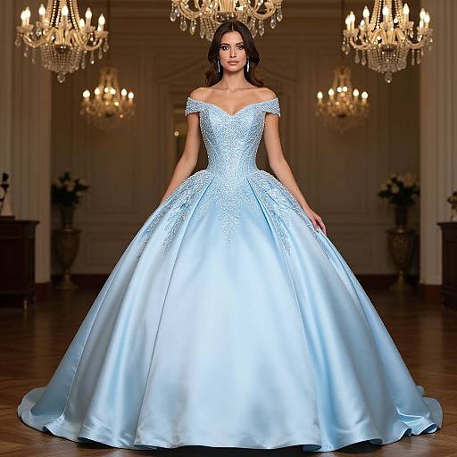 Photograph of a brunette woman in an off-the-shoulder, light blue satin ball gown with a sparkling bodice, standing in an elegant room