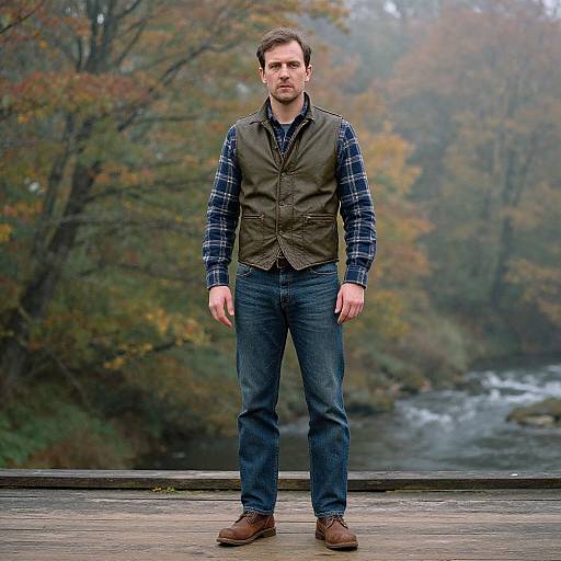 Photograph of a Caucasian man with short brown hair, wearing a plaid shirt, green vest, blue jeans, and brown boots, standing on a