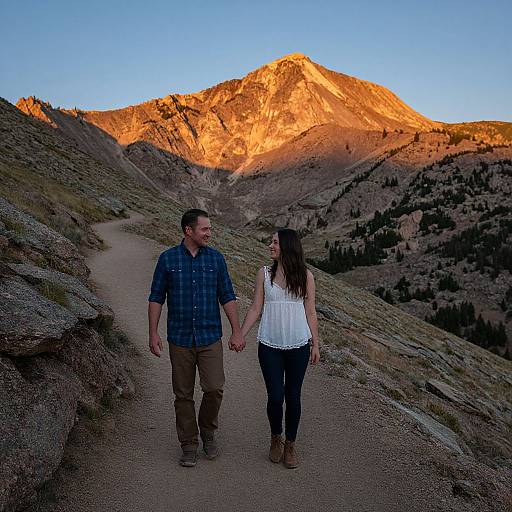Photograph of a couple holding hands on a mountain trail during sunset, with the sun illuminating the rocky peak behind them.