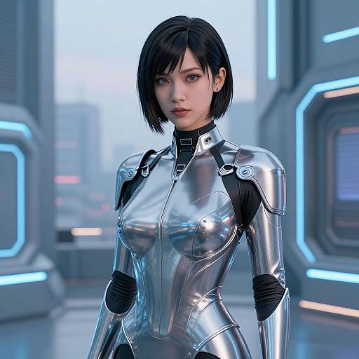 Digital art of a young woman with short black hair, wearing a shiny, silver, futuristic bodysuit in a high-tech, blue-lit room