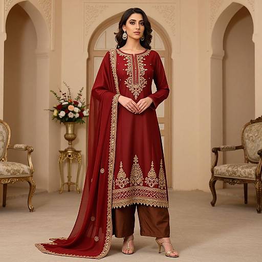 Photograph of a dark-haired woman in a red, gold-embroidered traditional Pakistani kameez and dupatta, standing in a luxurious,