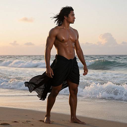 Muscular, shirtless man with long black hair, wearing black wrapped skirt, stands on beach at sunset, waves in background. Photorealistic image