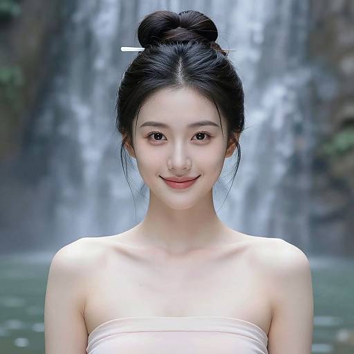 Photograph of an Asian woman with fair skin, black hair in a bun, wearing a white strapless top, smiling, standing in front of a
