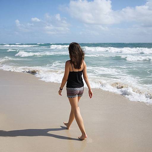 Photograph of a woman with long brown hair, black tank top, and patterned shorts, walking on a sunny beach with waves in the background.