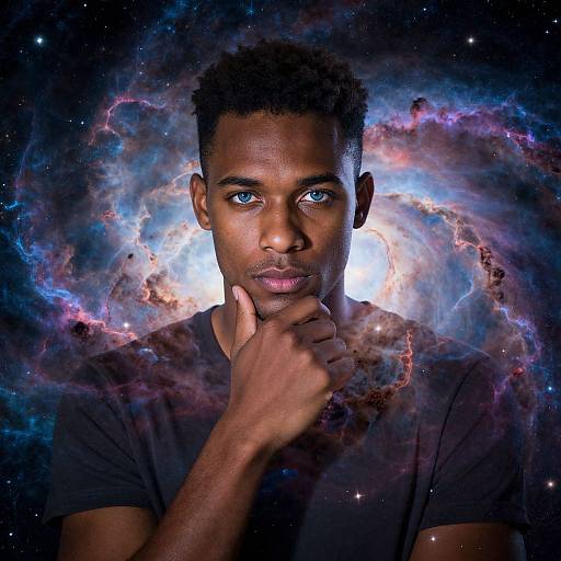 Photograph of a young black man with blue eyes, short curly hair, and dark skin, thinking with his finger on his cheek, set against a