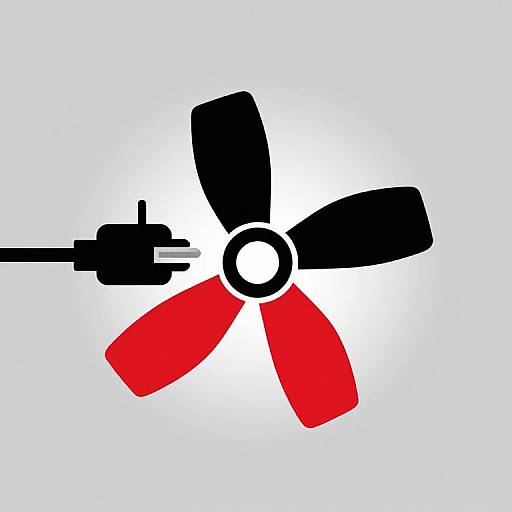 Simple digital illustration of a black and red fan with four blades, connected to a black plug on a white background.