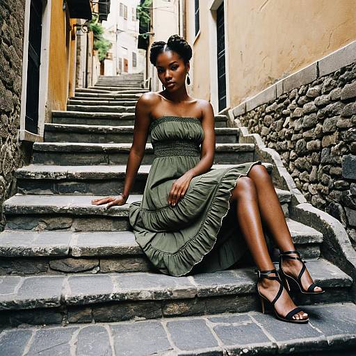 Woman in Olive Green Dress Sitting on Stone Steps