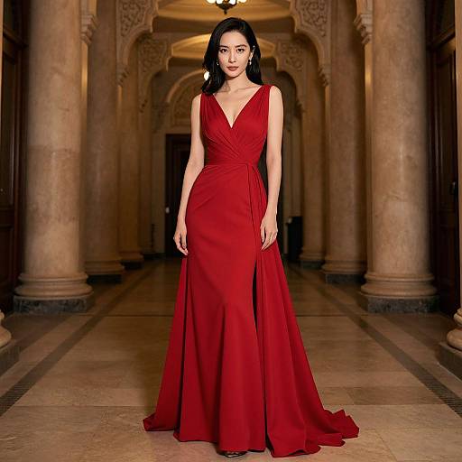 Photograph of an Asian woman with long black hair in a red, sleeveless, V-neck gown, standing in an ornate, dimly-l