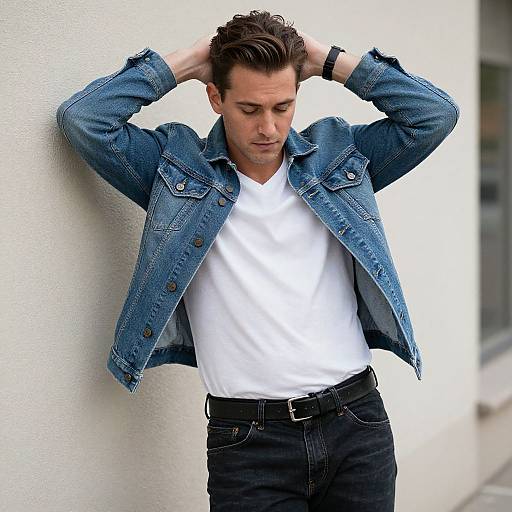 Photograph of a handsome, brown-haired man in a white t-shirt and open denim jacket, standing against a white wall, hands in hair, wearing