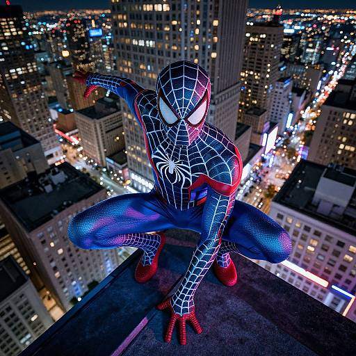 Neon-Lit Spiderman Rooftop Pose