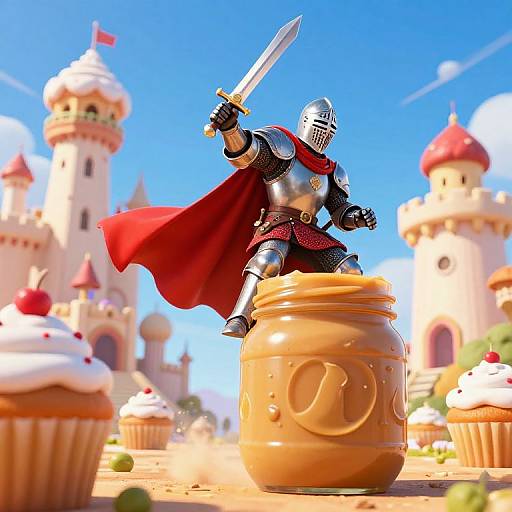 CGI image: Knight in shiny armor and red cape, sword raised, stands on mason jar, cupcakes and castle in bright, sunny background.