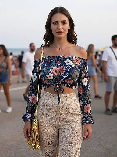 Photograph of a woman with wavy brown hair, wearing an off-shoulder floral crop top and lace pants, carrying a gold fringe bag,