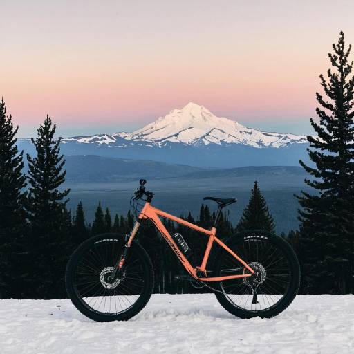 Mountain Bike with Snowy Peaks at Sunset