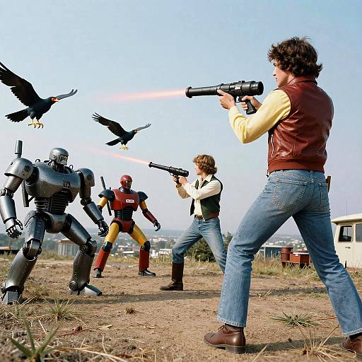Photograph of four people in a gunfight against a robot, with two black birds flying overhead, on a barren, grassy hill.