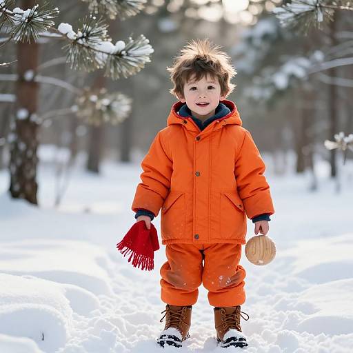 Curious Boy in Winter Forest