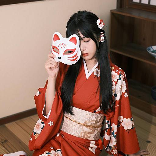 Asian Woman in Floral Kimono with Fox Mask