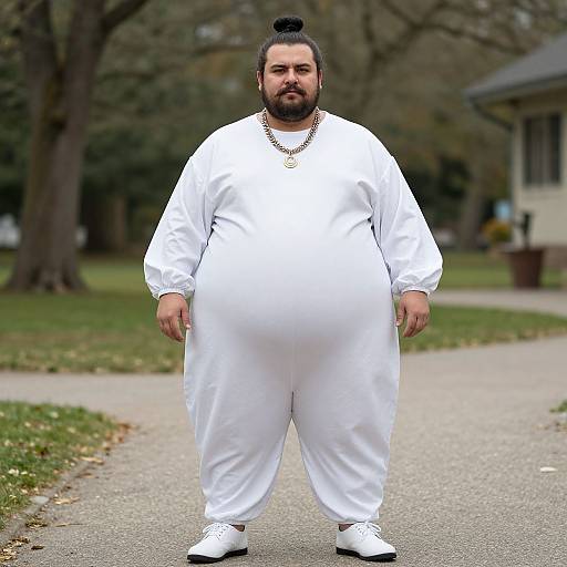 Photograph of a bearded, overweight man with dark hair in a topknot, wearing a white traditional outfit, gold chain, and white shoes
