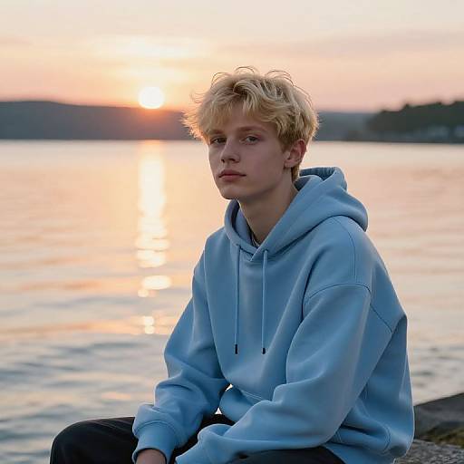 Photograph of a young man with messy blonde hair, wearing a light blue hoodie, sitting by a sunset-lit lake, reflecting golden hues.