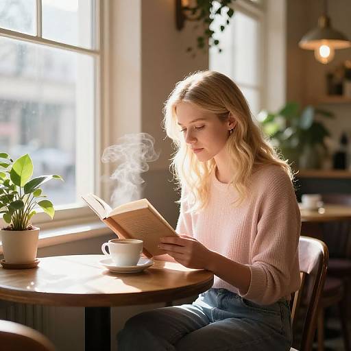 Photograph of a blonde woman in a pink sweater reading a steamy book at a sunlit café table with a potted plant and coffee cup.