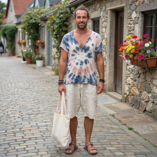 Photograph of a smiling bearded man with short brown hair, wearing a tie-dye shirt, white shorts, sandals, and bracelets, standing on