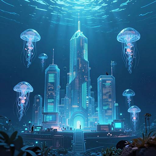 Digital illustration of a futuristic cityscape with glowing blue skyscrapers, illuminated by neon lights, surrounded by bioluminescent jellyfish in a dark