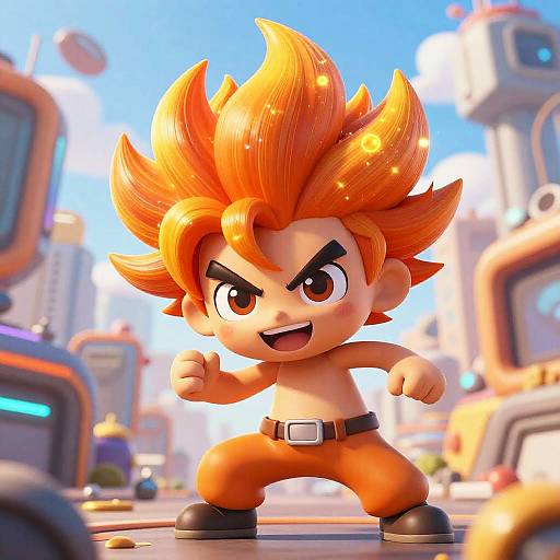 Digital CGI of a chibi-styled, orange-haired, shirtless boy with spiky hair, wearing orange pants and black shoes, standing confidently in