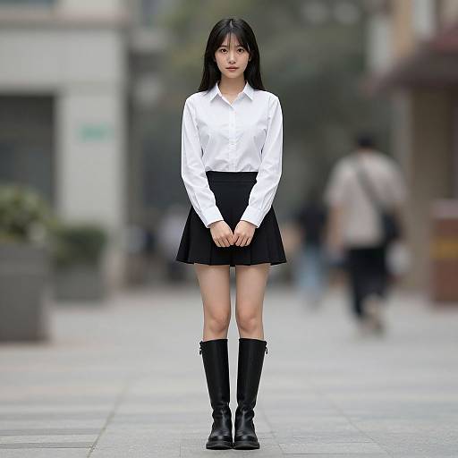 Photograph of an Asian woman with long black hair, wearing a white button-up shirt, black skirt, black knee-high boots, standing on a city