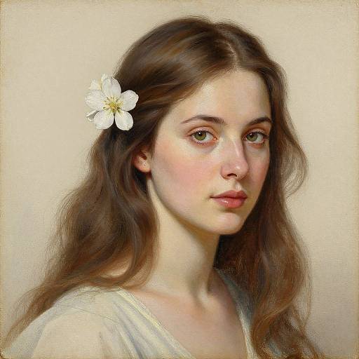 Digital painting of a young Caucasian woman with long brown hair, green eyes, and a white flower in her hair, wearing a white blouse, against a