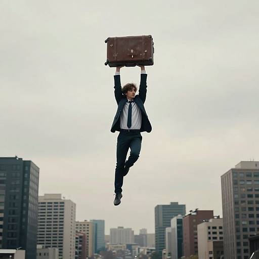Photograph of a man in a black suit, white shirt, and black tie, mid-air, holding a brown briefcase above his head, against